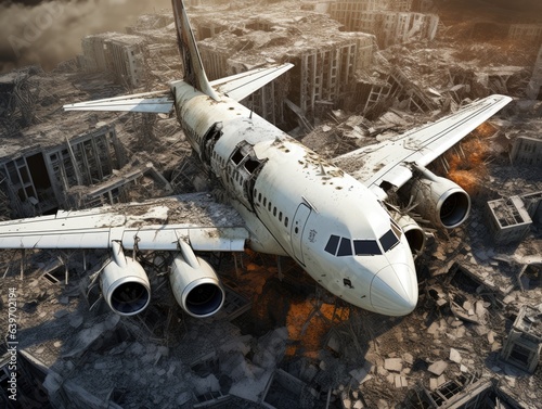 High angle generative AI illustration of modern damaged commercial airplane crashing into deserted war torn modern city with smokes and fire at evening