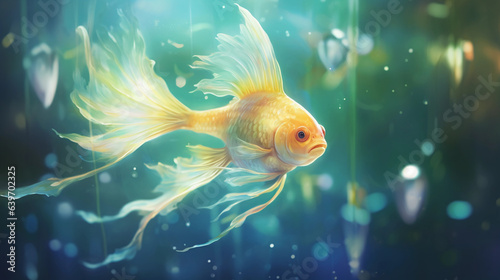 a glowing fish with wings swimming in a laboratory beaker, soft focus, fairy tale like atmosphere, pastel colors, impressionist painting style