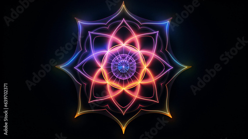 a spiritual symbol, the Reiki Cho Ku Rei symbol, vibrant colors against a stark black background, illuminating glow effect