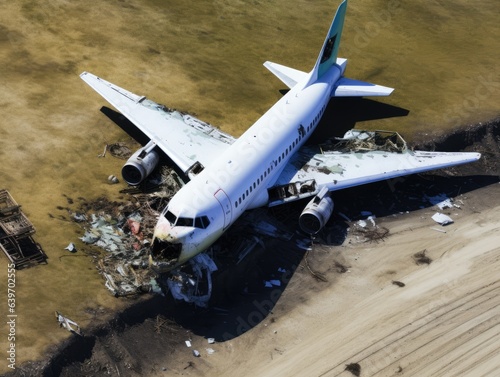 Generative AI illustration of from above view of crashed and damaged commercial airline parked on ground in war torn modern city with vehicle wreckages and building on sunny day