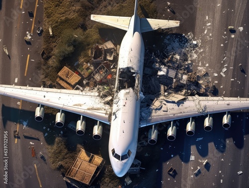 Generative AI illustration of from above view of crashed and damaged commercial airline parked on asphalt runway in wreckages and by green fields on sunny day