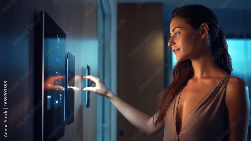 Woman adjusting smart home control panel.