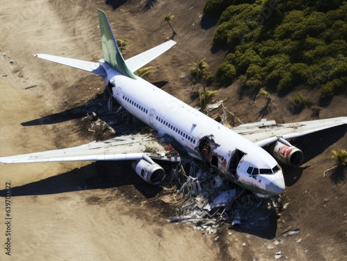 Generative AI illustration of from above view of crashed and damaged commercial airline parked on ground in war torn modern city with vehicle wreckages and building on sunny day