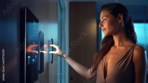 Woman adjusting smart home control panel.