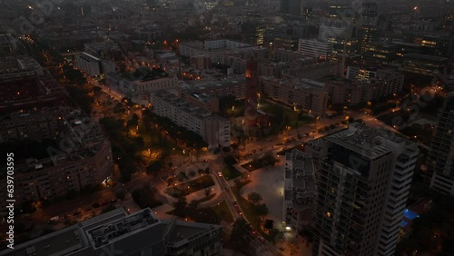 night illumination barcelona city center traffic street crossroad aerial panorama 4k spain photo