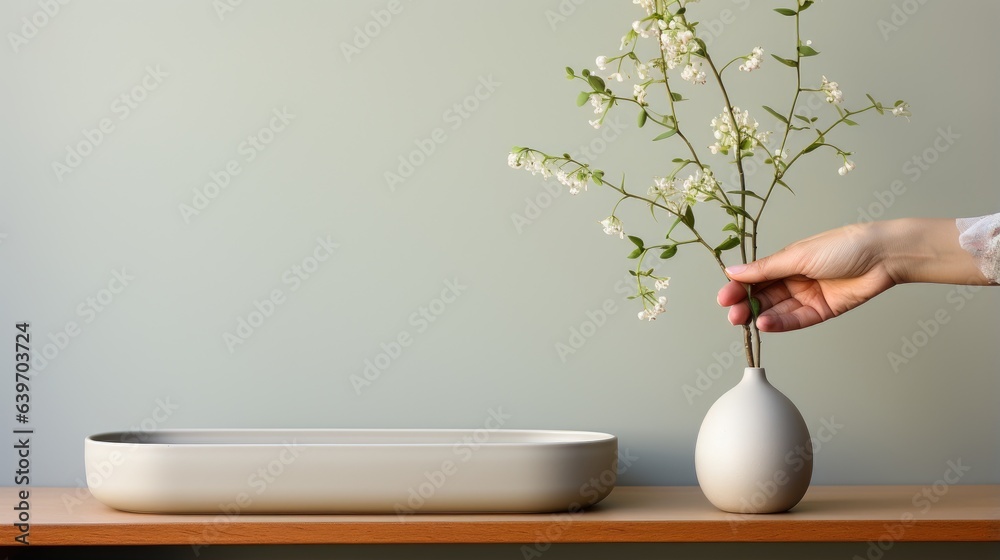 Hand placing minimalist decorative item on a shelf.