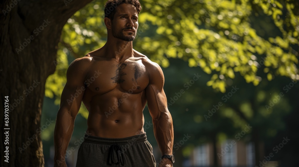 A man flexing his muscles in a quiet park setting.