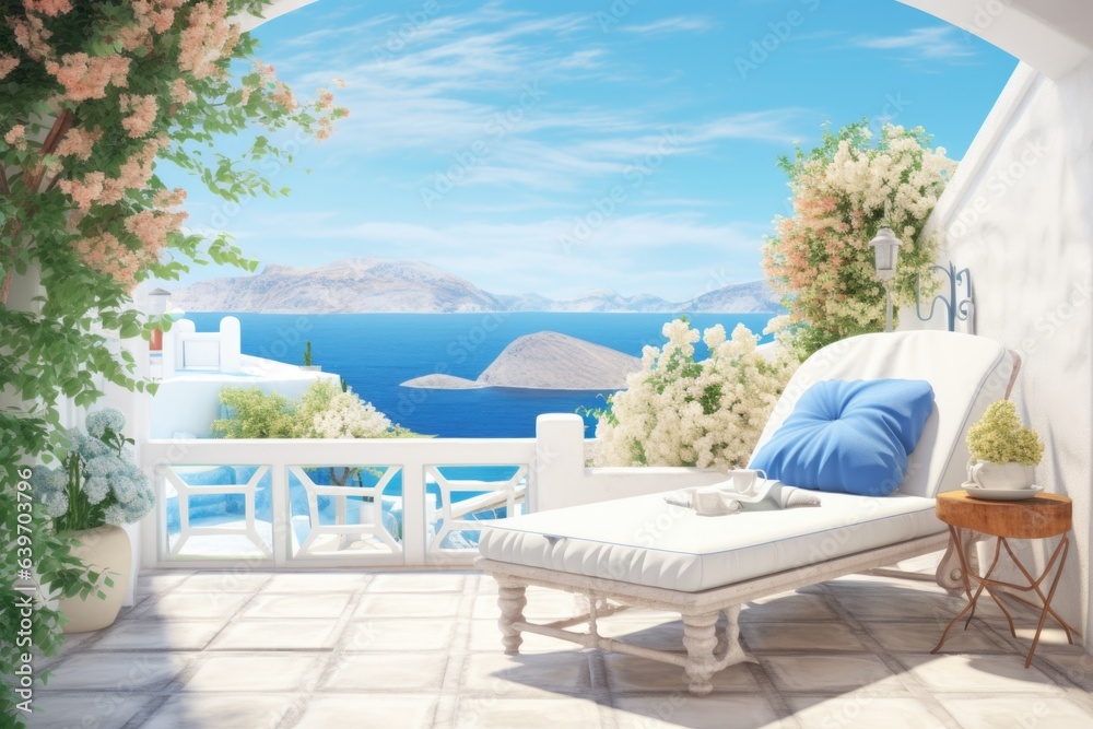 Summer terrace with sunbed. Traditional Mediterranean white house. Summer vacation background