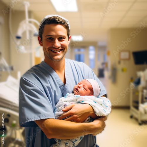 A doctor or male midwife holding a new born bay in his arms at the hospital. Concept of childbirth and healthcare professionals. Shallow field of view.