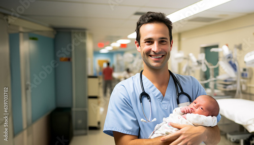 A doctor or male midwife holding a new born bay in his arms at the hospital. Concept of childbirth and healthcare professionals. Shallow field of view.
