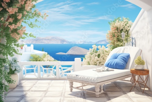 Summer terrace with sunbed. Traditional Mediterranean white house. Summer vacation background © Interior Design