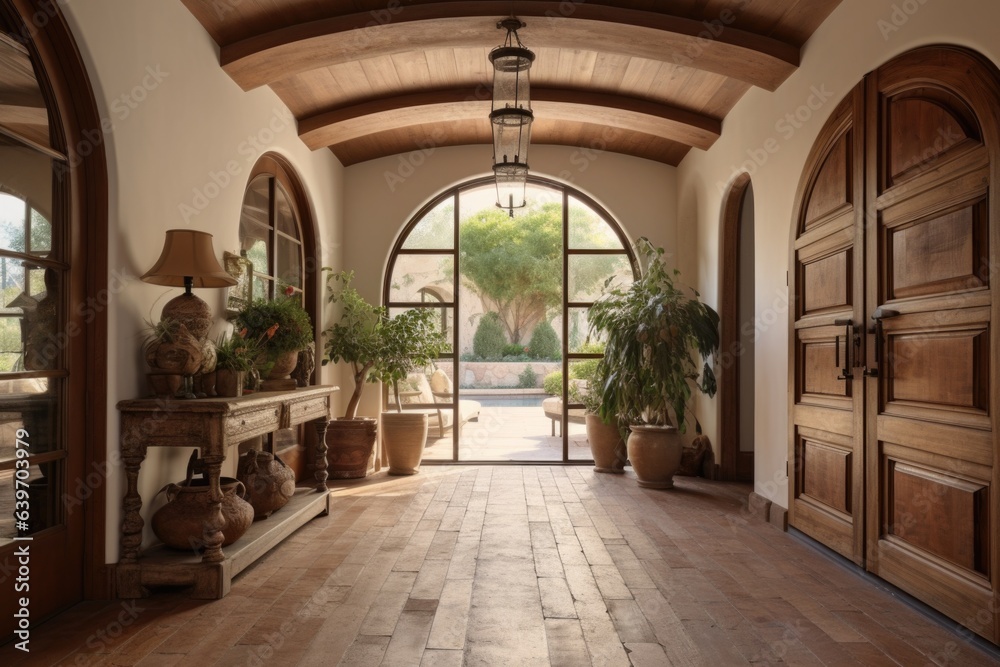 Timber beam ceiling and arched door in mediterranean style hallway. Interior design of modern rustic entrance hall with door in farmhouse