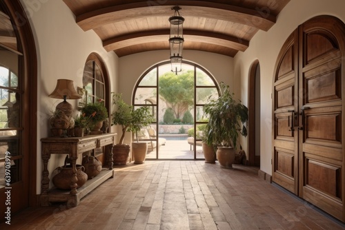 Timber beam ceiling and arched door in mediterranean style hallway. Interior design of modern rustic entrance hall with door in farmhouse © Interior Design