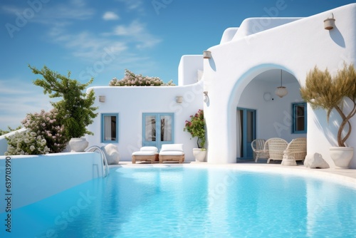 Traditional Mediterranean house with white stucco wall with swimming pool. Summer vacation background © Interior Design
