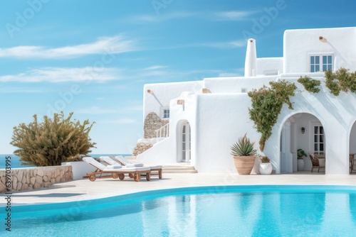 Traditional Mediterranean house with white stucco wall with swimming pool. Summer vacation background
