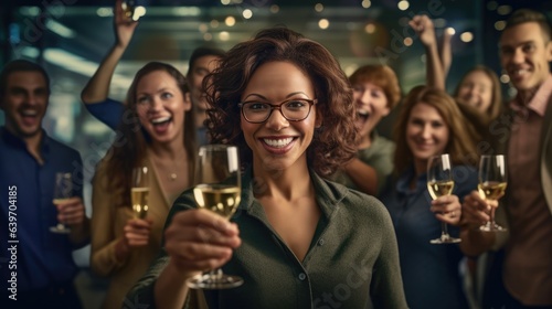 Lady celebrating cheerfully with her colleagues.