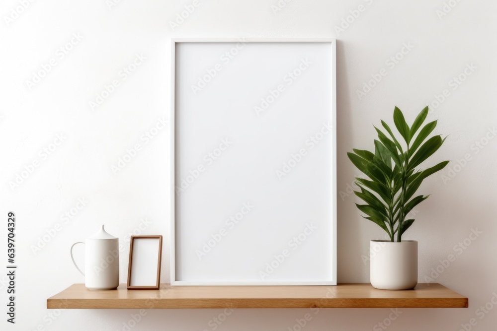 Vertical empty mock up poster frame on wooden shelf. Interior design of modern living room with white wall and home decor pieces Vertical empty mock up poster frame on wooden shelf. Interior design of modern living room with white wall and home decor pieces