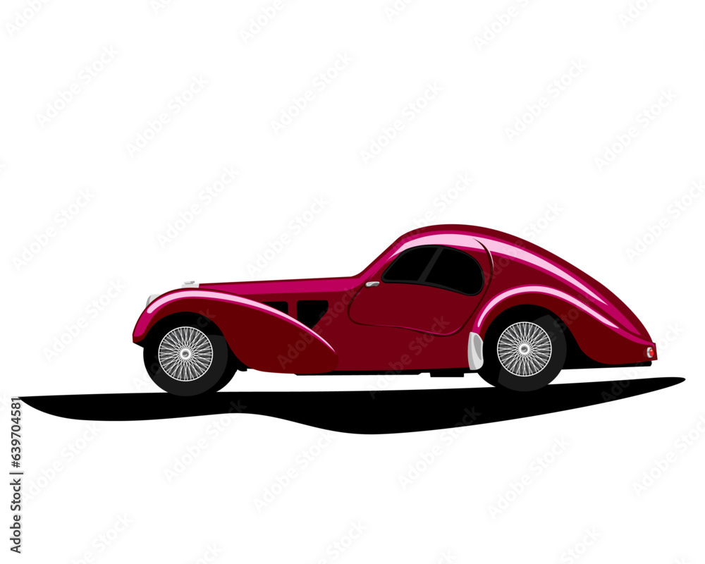 Hot deep red car. Vintage super luxury car. Vector image for prints, poster and illustrations.