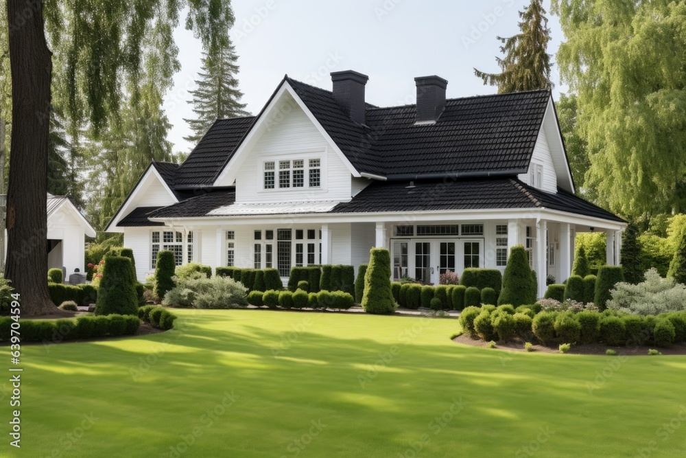 White family house with black pitched roof tiles, and beautiful front yard with green lawn