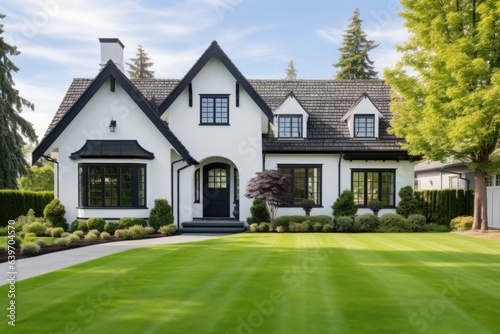 White family house with black pitched roof tiles, and beautiful front yard with green lawn