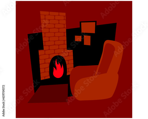 Chimney corner. Fireplace. A fire in the fireplace, a soft chair. Vector image for prints, poster and illustrations.