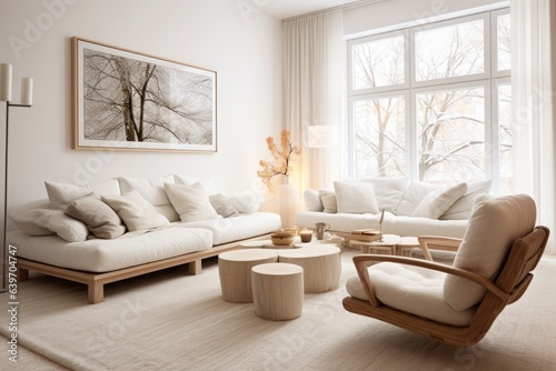 White sofa and armchairs in scandinavian style home interior design of modern living room