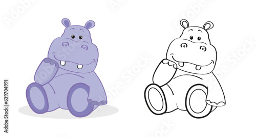 Coloring page of cute little hippo for preschool kids activity educational worksheet.