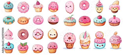 watercolor cupcakes and donuts set in cute cartoon style isolated on white background, children art style design, Generative Ai