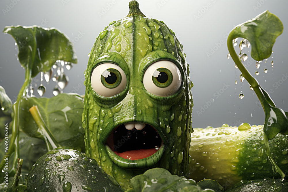 Cute, funny and emotiomal vegetables character animated, animated expressions, quirky expressions, playful expressions. happy cucumbers.