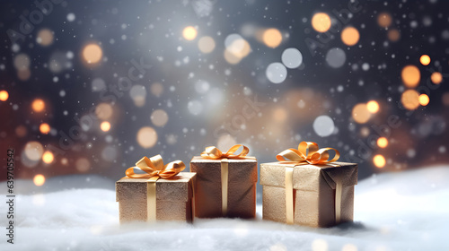 Gold gift box with gold ribbon on snow on bokeh lights background © Tanuha