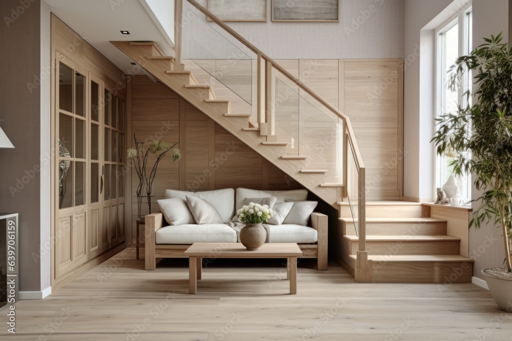 Wooden staircase in scandinavian rustic style interior design of modern ...