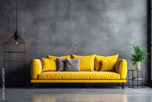  Yellow sofa against grid window in room with concrete walls. Loft interior design of modern living room