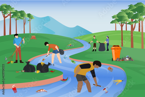Environmental clean up program  Volunteer or activist picking up garbage from river vector illustration  environmental awareness