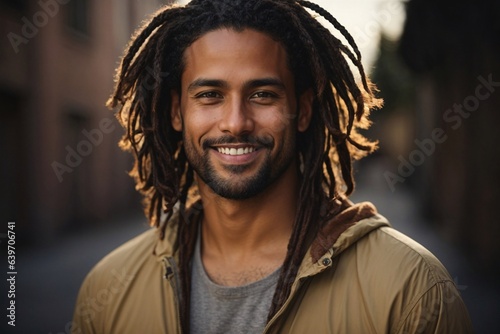 A young man with dreadlock dark brown hair smling in city