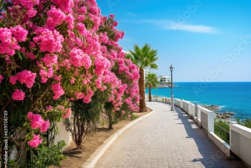Beautiful resort promenade with blooming colorful flower © Celina