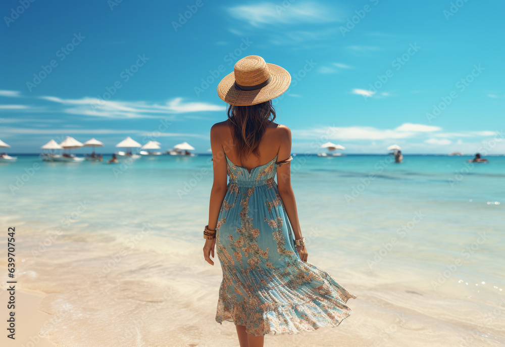 Ai generative young tourist woman in summer dress and hat standing on beautiful sandy beach. Cute girl enjoying