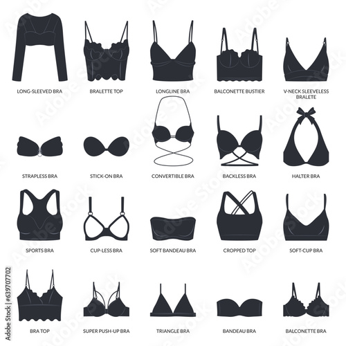 Types of bras. Big vector set of black lingerie. photo