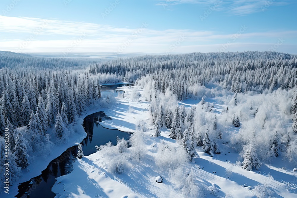 An aerial landscape of winter river in snowy forest