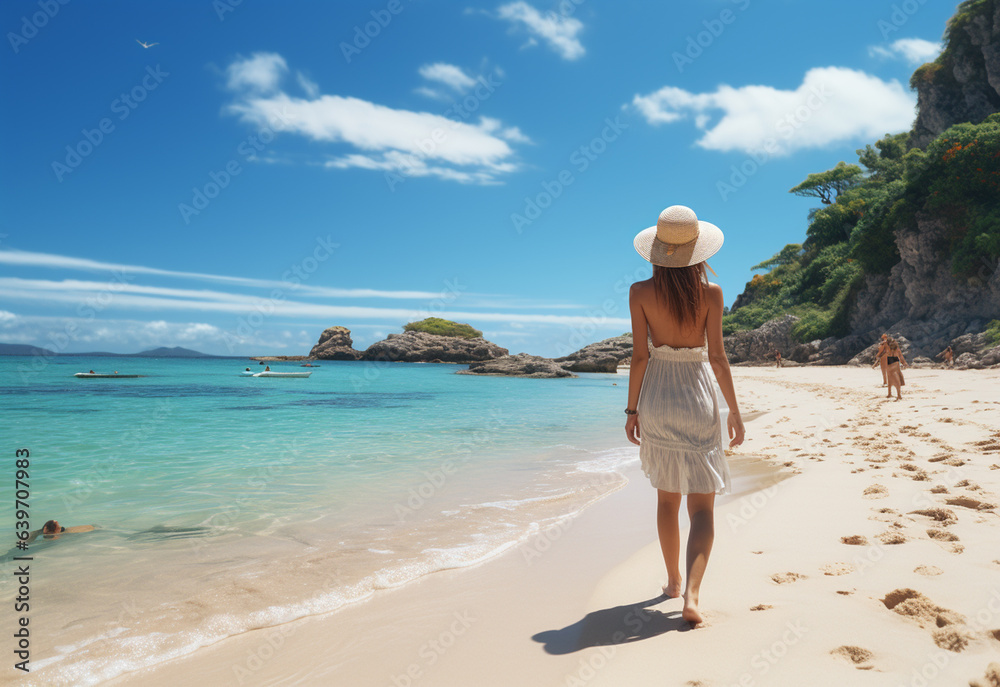 Ai generative young tourist woman in summer dress and hat standing on beautiful sandy beach. Cute girl enjoying Ai generative young tourist woman in summer dress and hat standing on beautiful sandy beach. Cute girl enjoying