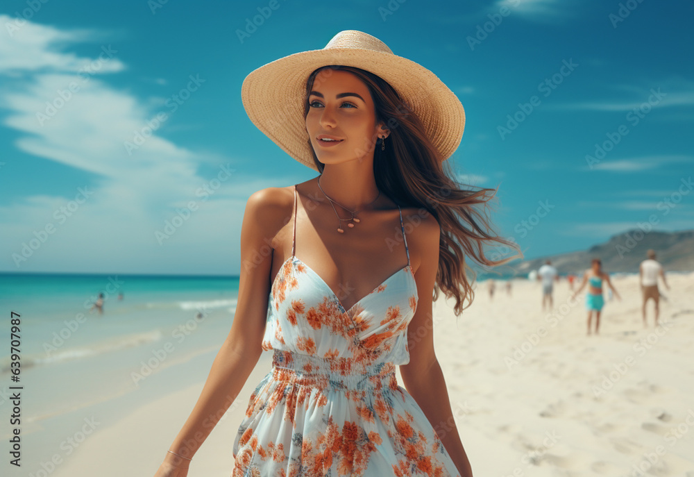 Ai generative young tourist woman in summer dress and hat standing on beautiful sandy beach. Cute girl enjoying