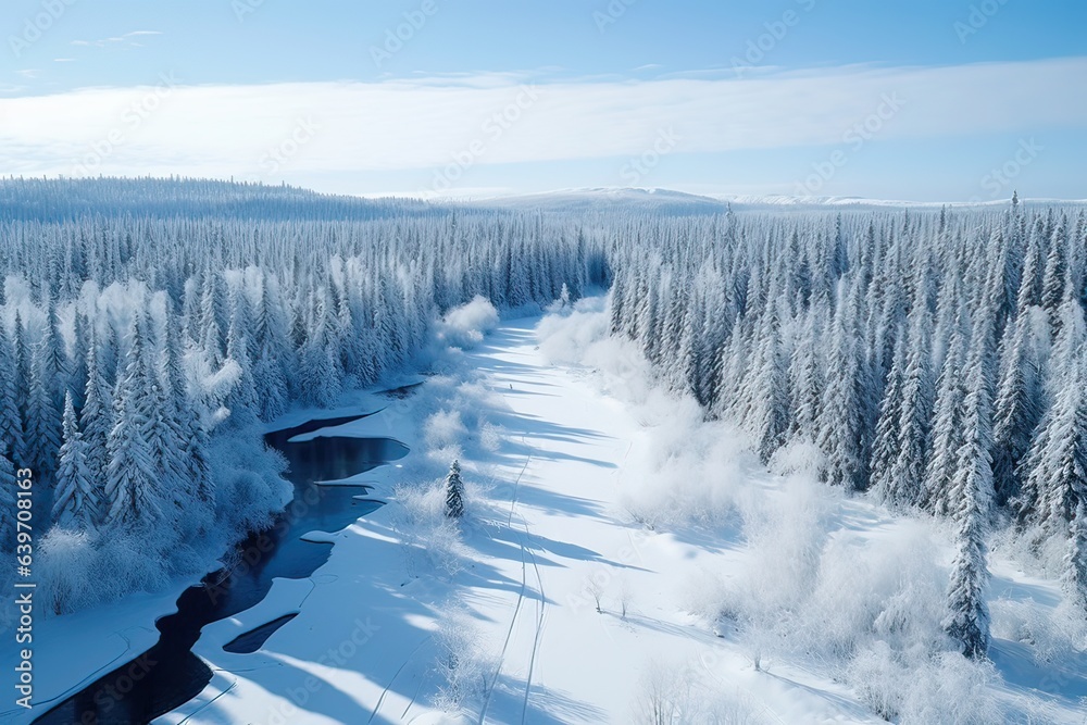 An aerial landscape of winter river in snowy forest An aerial landscape of winter river in snowy forest