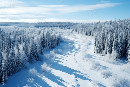An aerial landscape of winter river in snowy forest