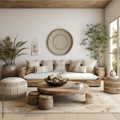 Boho interior design of modern living room with rustic furniture