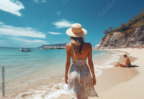 Ai generative young tourist woman in summer dress and hat standing on beautiful sandy beach. Cute girl enjoying