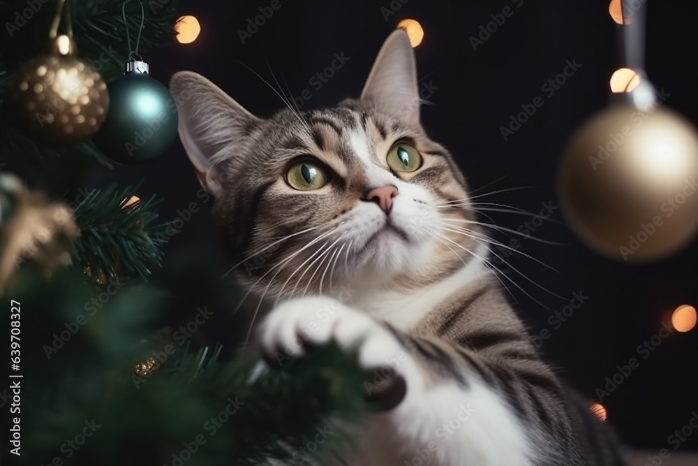 Domestic cat playing with Christmas tree decoration. Generative AI