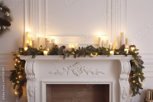 White mantelpiece decorated for Christmas. Generative AI photo