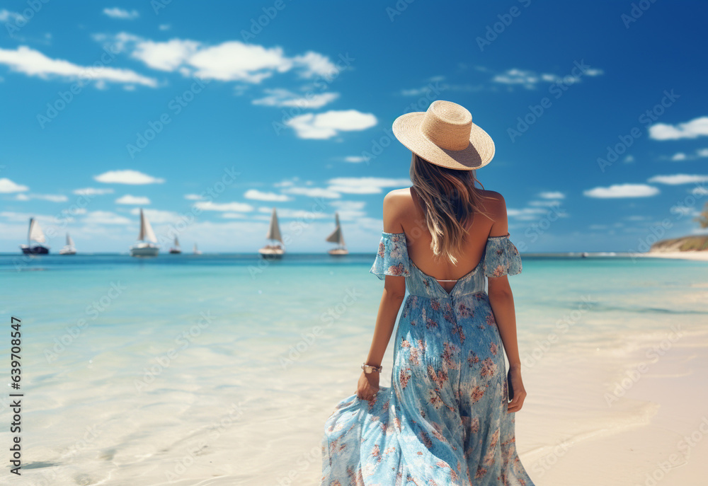 Ai generative young tourist woman in summer dress and hat standing on beautiful sandy beach. Cute girl enjoying