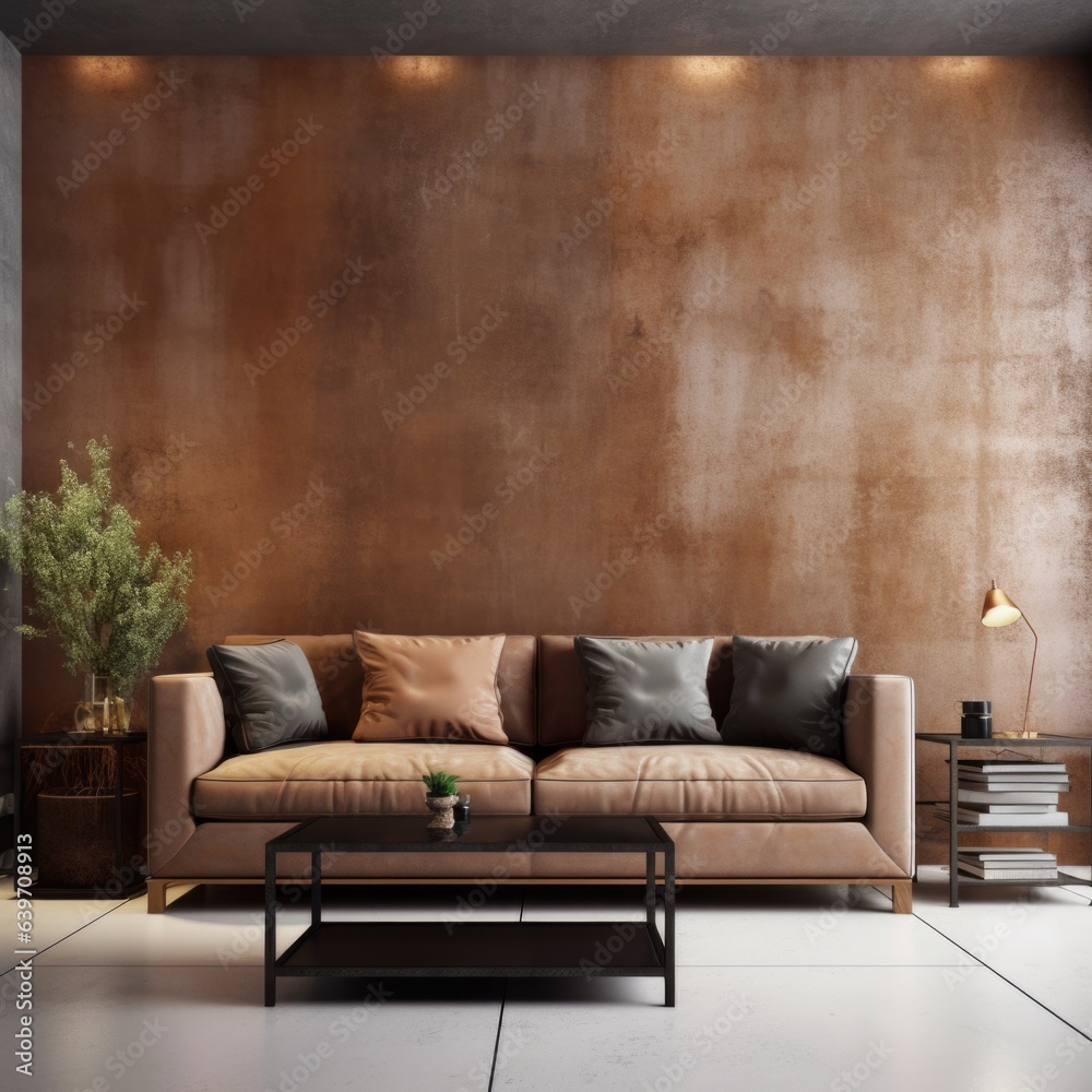 Concrete and with copper decorated wall and brown leather sofa. Interior design of modern living room Concrete and with copper decorated wall and brown leather sofa. Interior design of modern living room