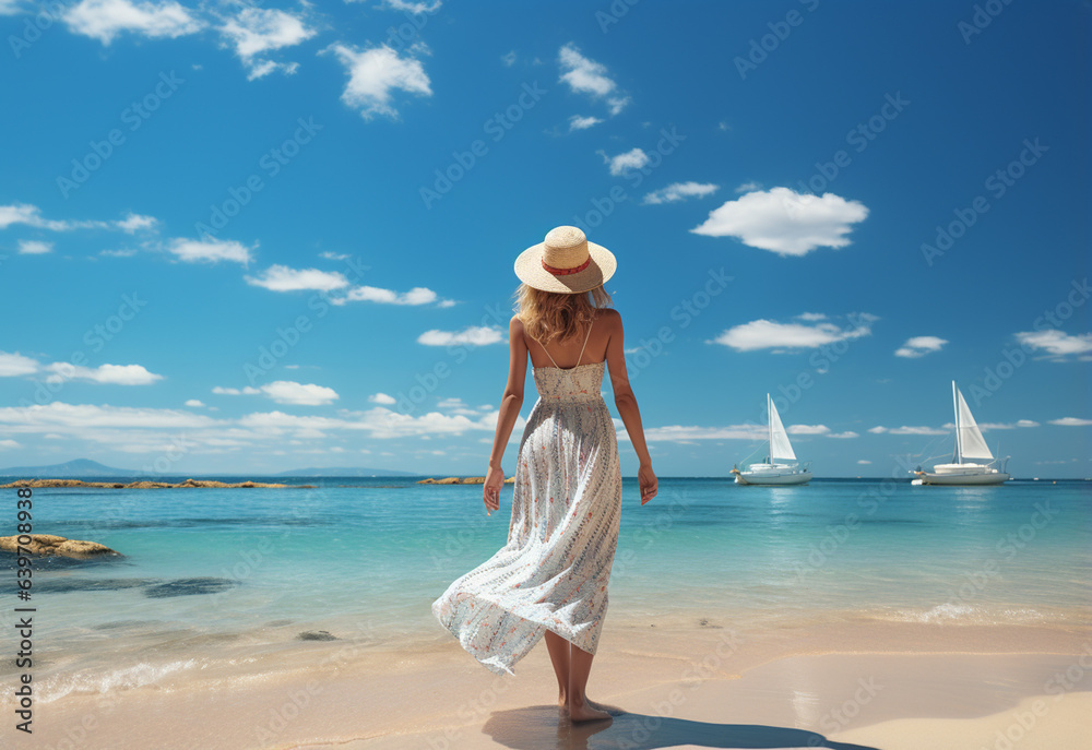 Ai generative young tourist woman in summer dress and hat standing on beautiful sandy beach. Cute girl enjoying Ai generative young tourist woman in summer dress and hat standing on beautiful sandy beach. Cute girl enjoying