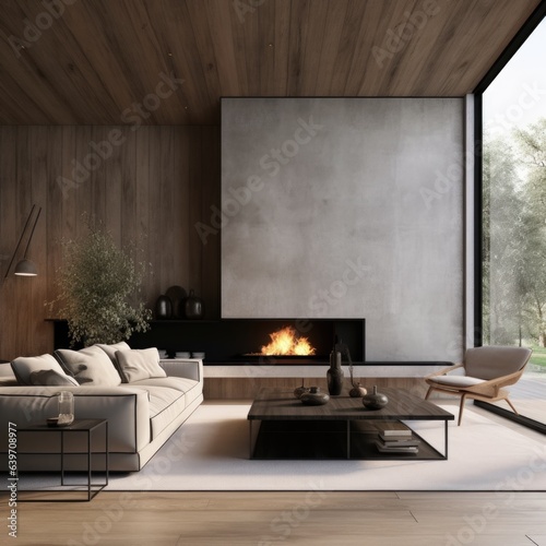 Concrete and wooden paneling walls in minimalist spacious room with fireplace. Interior design of modern living room, panorama